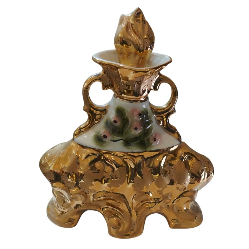Vintage Jim Beam Liqueur Decanter Gold Gilt Ceramic Bottle Floral Hand Painted